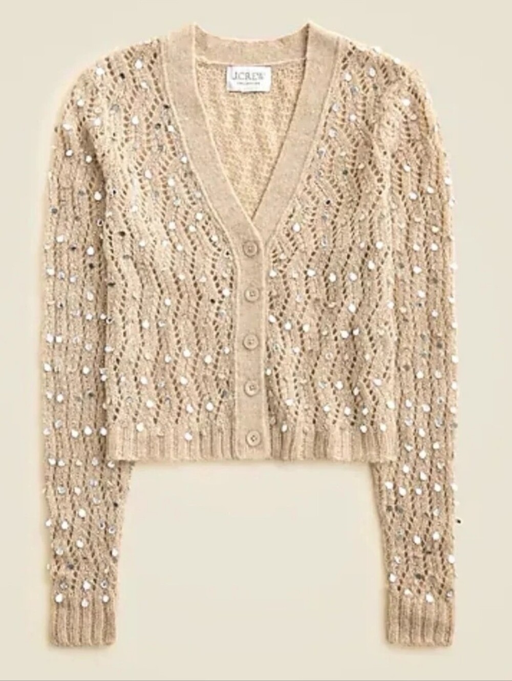 NWT J Crew Collection Embellished Alpaca Pointelle Cardigan Sweater Size L Beige